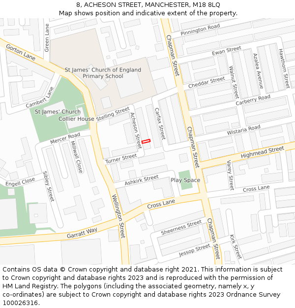 8, ACHESON STREET, MANCHESTER, M18 8LQ: Location map and indicative extent of plot