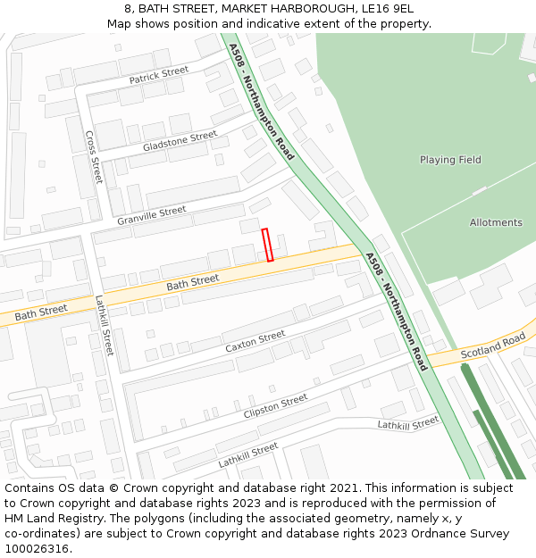 8, BATH STREET, MARKET HARBOROUGH, LE16 9EL: Location map and indicative extent of plot