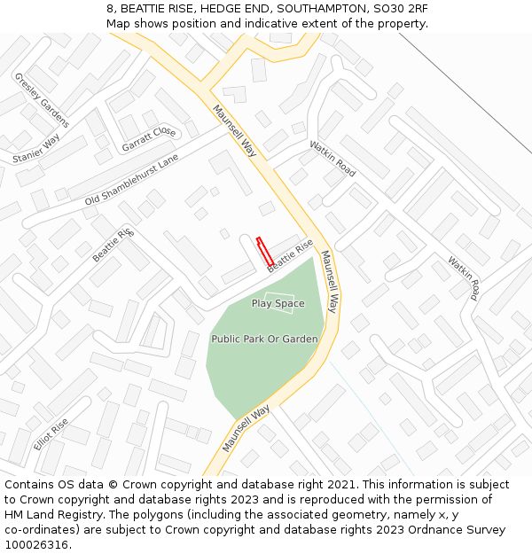 8, BEATTIE RISE, HEDGE END, SOUTHAMPTON, SO30 2RF: Location map and indicative extent of plot