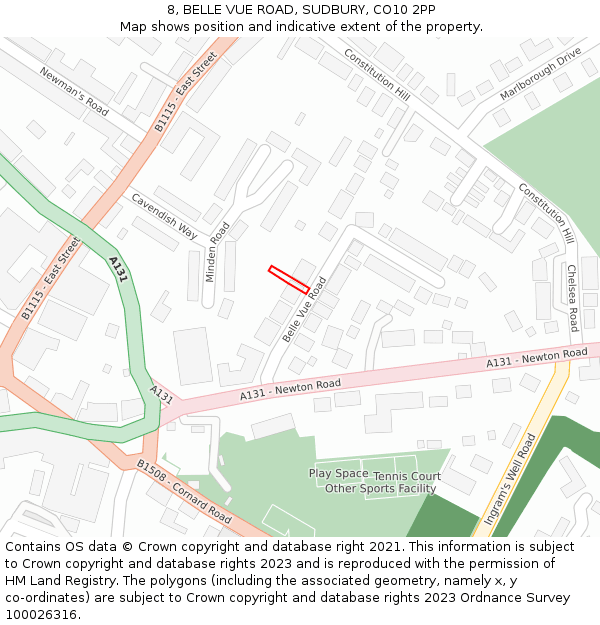 8, BELLE VUE ROAD, SUDBURY, CO10 2PP: Location map and indicative extent of plot