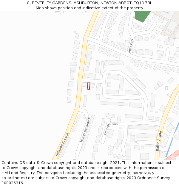 8, BEVERLEY GARDENS, ASHBURTON, NEWTON ABBOT, TQ13 7BL: Location map and indicative extent of plot