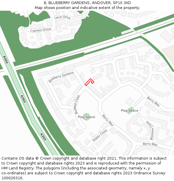 8, BLUEBERRY GARDENS, ANDOVER, SP10 3XD: Location map and indicative extent of plot