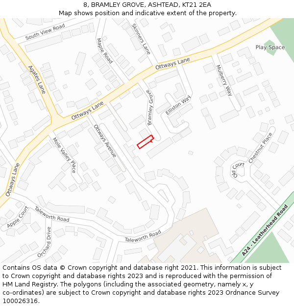 8, BRAMLEY GROVE, ASHTEAD, KT21 2EA: Location map and indicative extent of plot