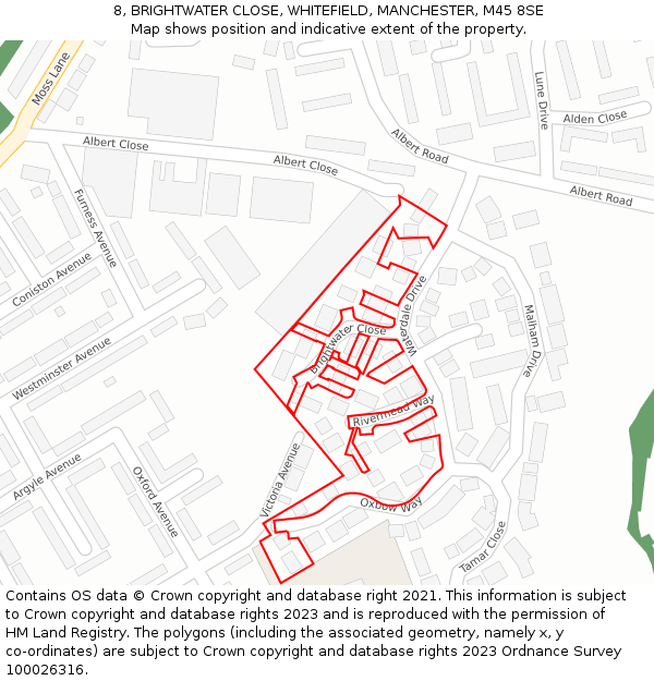 8, BRIGHTWATER CLOSE, WHITEFIELD, MANCHESTER, M45 8SE: Location map and indicative extent of plot