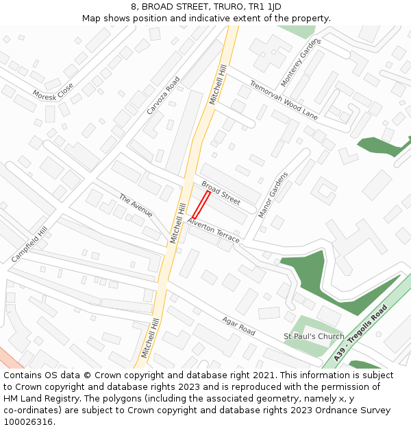 8, BROAD STREET, TRURO, TR1 1JD: Location map and indicative extent of plot