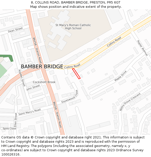 8, COLLINS ROAD, BAMBER BRIDGE, PRESTON, PR5 6GT: Location map and indicative extent of plot