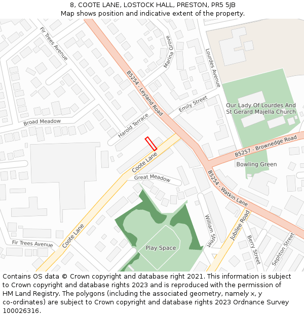 8, COOTE LANE, LOSTOCK HALL, PRESTON, PR5 5JB: Location map and indicative extent of plot