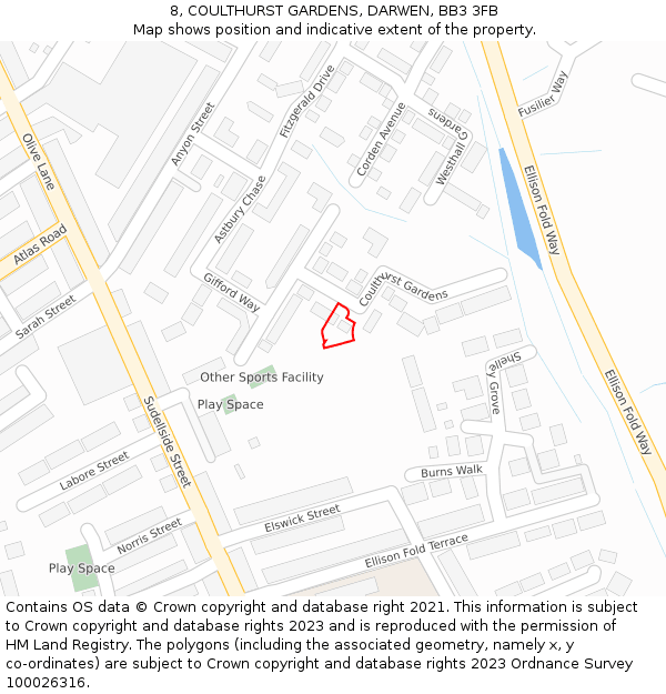 8, COULTHURST GARDENS, DARWEN, BB3 3FB: Location map and indicative extent of plot