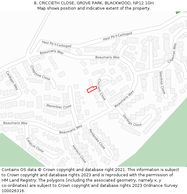 8, CRICCIETH CLOSE, GROVE PARK, BLACKWOOD, NP12 1GH: Location map and indicative extent of plot
