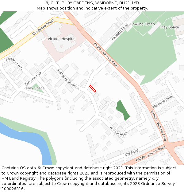 8, CUTHBURY GARDENS, WIMBORNE, BH21 1YD: Location map and indicative extent of plot