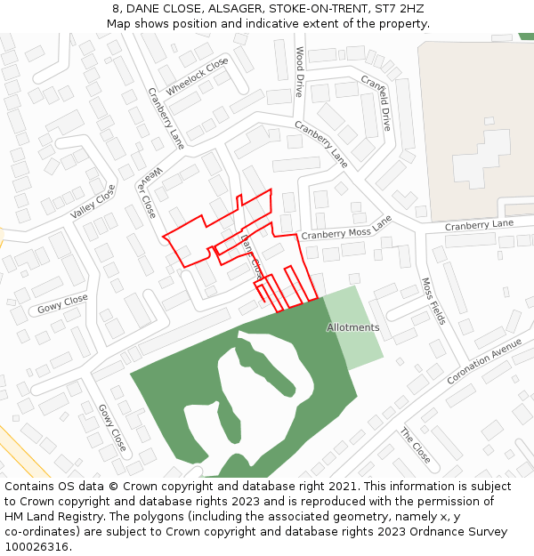 8, DANE CLOSE, ALSAGER, STOKE-ON-TRENT, ST7 2HZ: Location map and indicative extent of plot