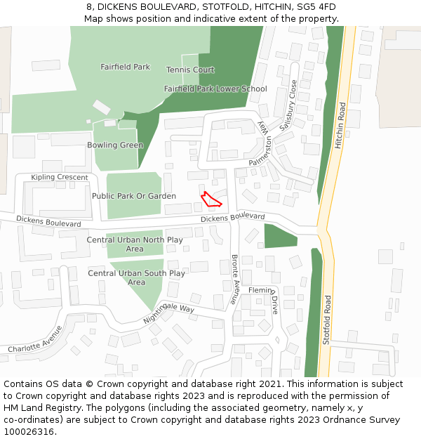 8, DICKENS BOULEVARD, STOTFOLD, HITCHIN, SG5 4FD: Location map and indicative extent of plot