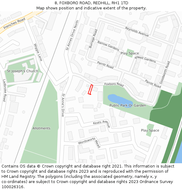 8, FOXBORO ROAD, REDHILL, RH1 1TD: Location map and indicative extent of plot