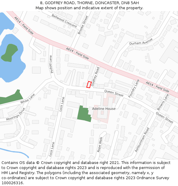 8, GODFREY ROAD, THORNE, DONCASTER, DN8 5AH: Location map and indicative extent of plot