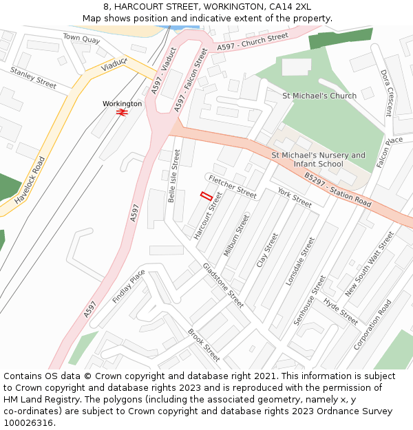 8, HARCOURT STREET, WORKINGTON, CA14 2XL: Location map and indicative extent of plot