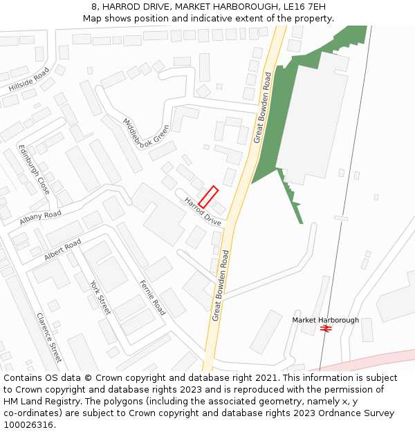 8, HARROD DRIVE, MARKET HARBOROUGH, LE16 7EH: Location map and indicative extent of plot