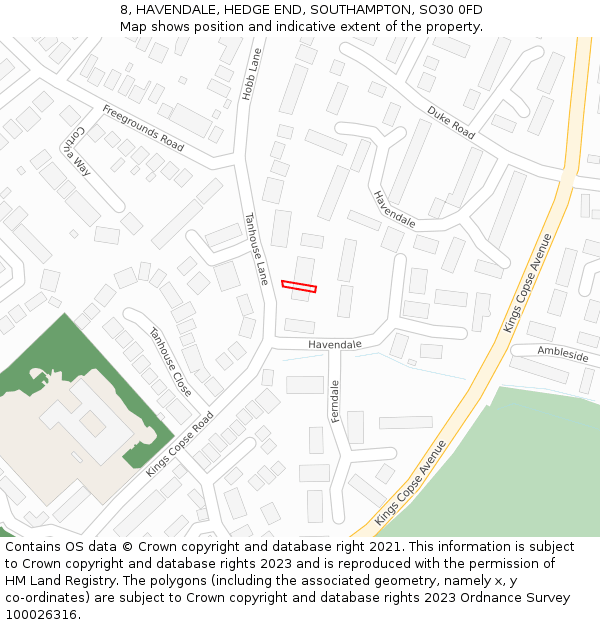 8, HAVENDALE, HEDGE END, SOUTHAMPTON, SO30 0FD: Location map and indicative extent of plot