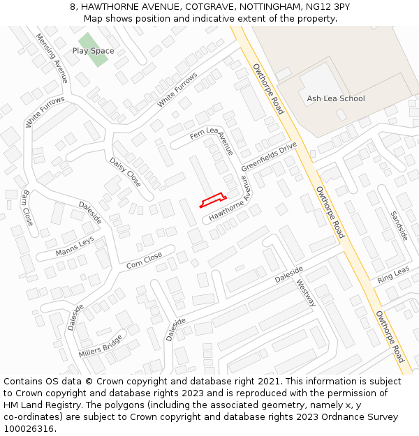 8, HAWTHORNE AVENUE, COTGRAVE, NOTTINGHAM, NG12 3PY: Location map and indicative extent of plot