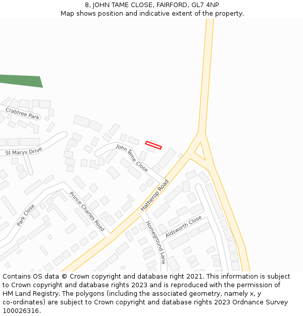 8, JOHN TAME CLOSE, FAIRFORD, GL7 4NP: Location map and indicative extent of plot