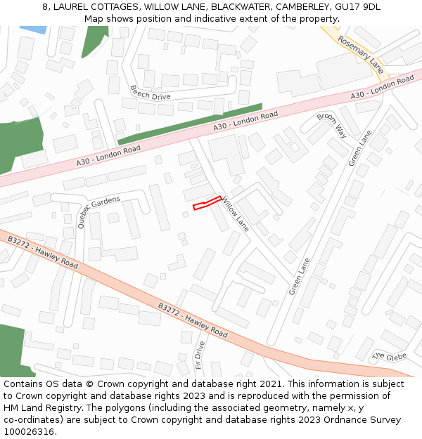 8, LAUREL COTTAGES, WILLOW LANE, BLACKWATER, CAMBERLEY, GU17 9DL: Location map and indicative extent of plot