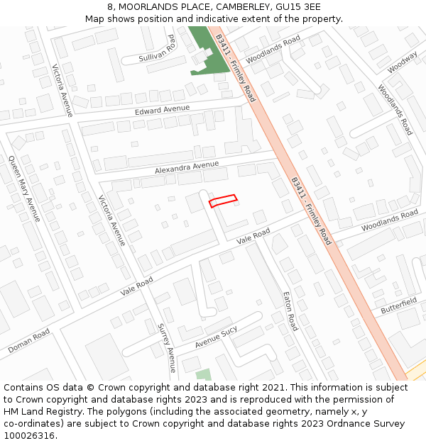 8, MOORLANDS PLACE, CAMBERLEY, GU15 3EE: Location map and indicative extent of plot