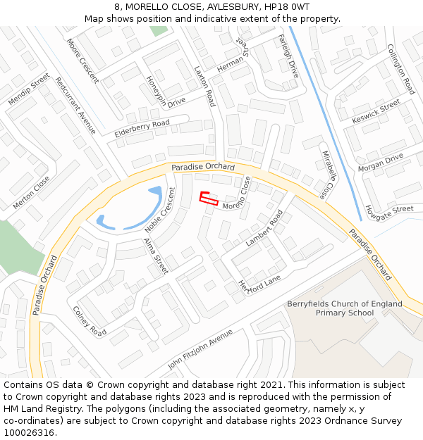 8, MORELLO CLOSE, AYLESBURY, HP18 0WT: Location map and indicative extent of plot