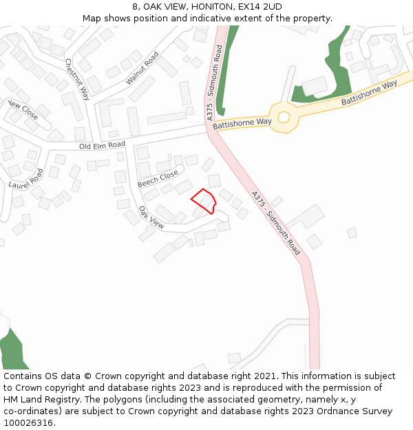 8, OAK VIEW, HONITON, EX14 2UD: Location map and indicative extent of plot