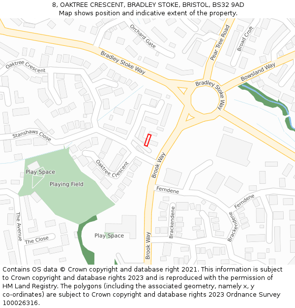 8, OAKTREE CRESCENT, BRADLEY STOKE, BRISTOL, BS32 9AD: Location map and indicative extent of plot