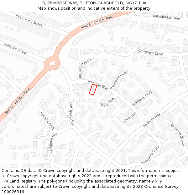 8, PRIMROSE WAY, SUTTON-IN-ASHFIELD, NG17 1HX: Location map and indicative extent of plot