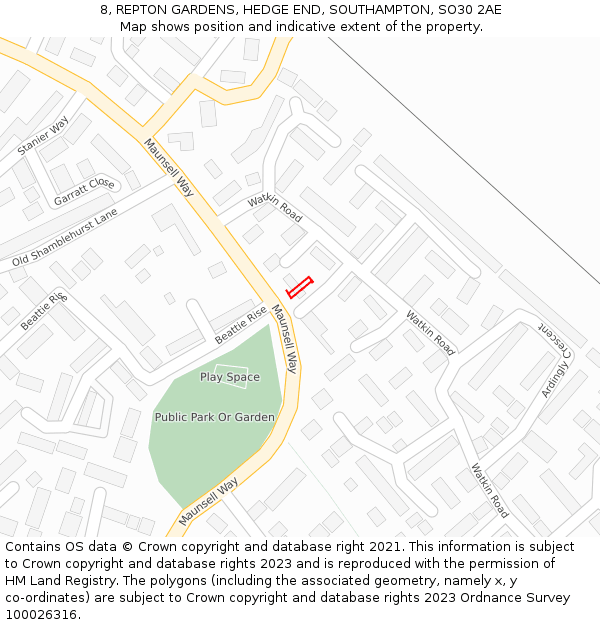 8, REPTON GARDENS, HEDGE END, SOUTHAMPTON, SO30 2AE: Location map and indicative extent of plot