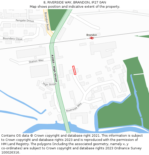 8, RIVERSIDE WAY, BRANDON, IP27 0AN: Location map and indicative extent of plot