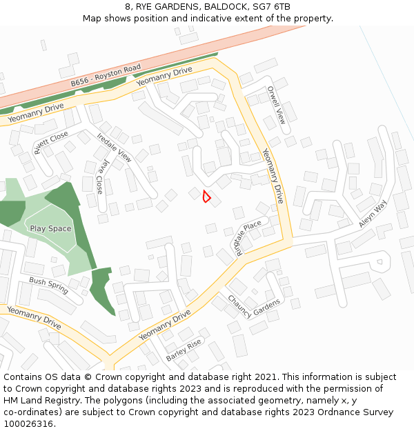 8, RYE GARDENS, BALDOCK, SG7 6TB: Location map and indicative extent of plot