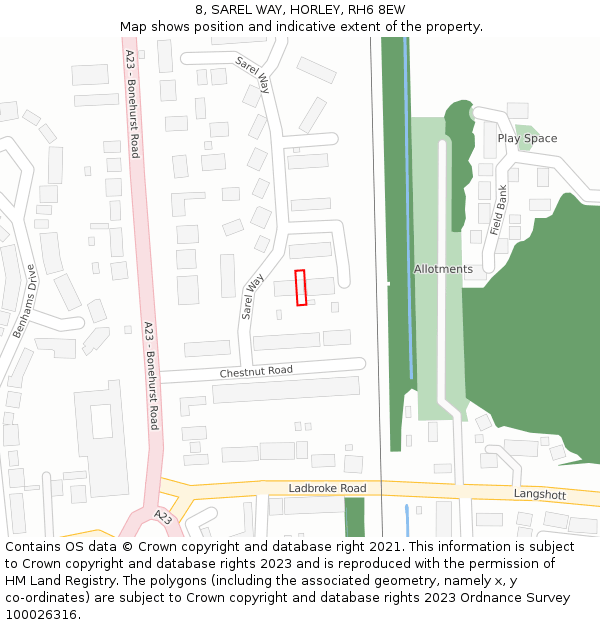 8, SAREL WAY, HORLEY, RH6 8EW: Location map and indicative extent of plot