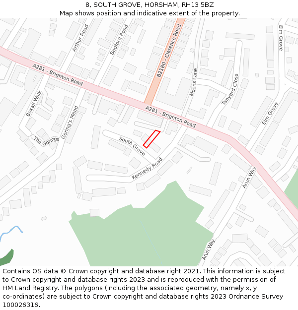 8, SOUTH GROVE, HORSHAM, RH13 5BZ: Location map and indicative extent of plot
