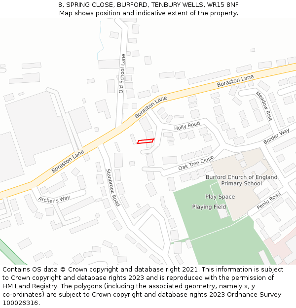 8, SPRING CLOSE, BURFORD, TENBURY WELLS, WR15 8NF: Location map and indicative extent of plot