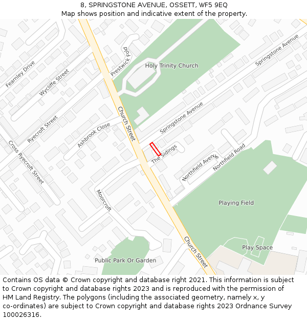 8, SPRINGSTONE AVENUE, OSSETT, WF5 9EQ: Location map and indicative extent of plot