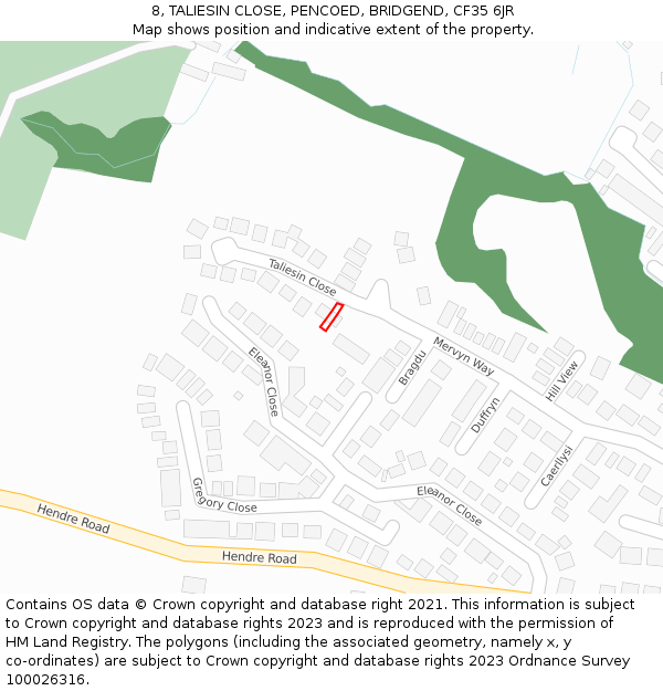 8, TALIESIN CLOSE, PENCOED, BRIDGEND, CF35 6JR: Location map and indicative extent of plot