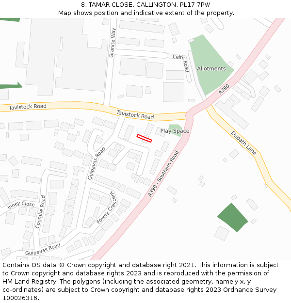 8, TAMAR CLOSE, CALLINGTON, PL17 7PW: Location map and indicative extent of plot