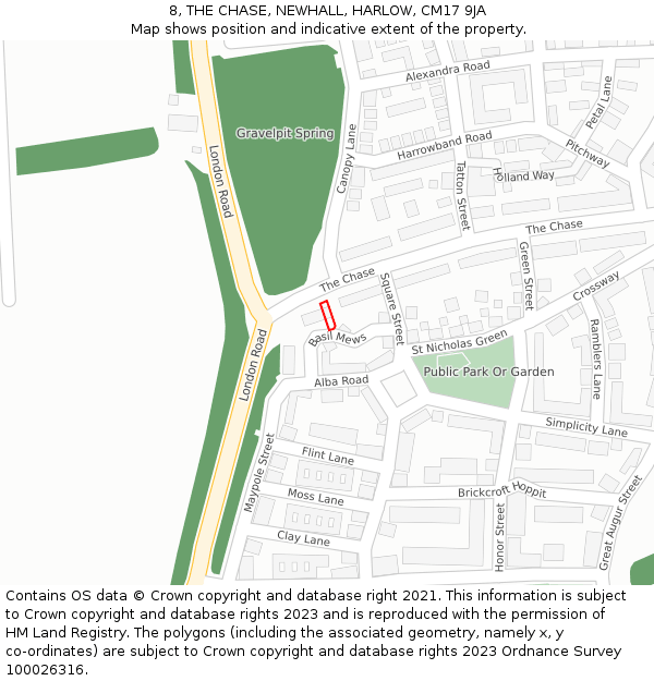8, THE CHASE, NEWHALL, HARLOW, CM17 9JA: Location map and indicative extent of plot