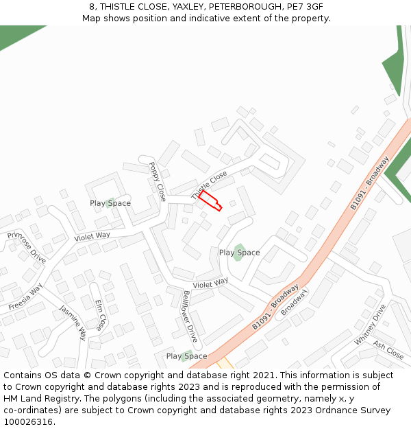 8, THISTLE CLOSE, YAXLEY, PETERBOROUGH, PE7 3GF: Location map and indicative extent of plot