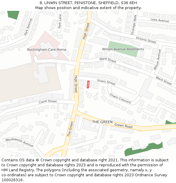 8, UNWIN STREET, PENISTONE, SHEFFIELD, S36 6EH: Location map and indicative extent of plot