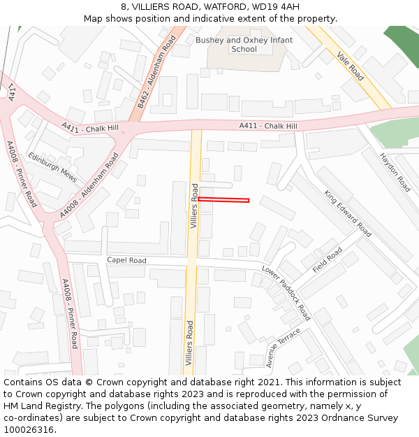8, VILLIERS ROAD, WATFORD, WD19 4AH: Location map and indicative extent of plot