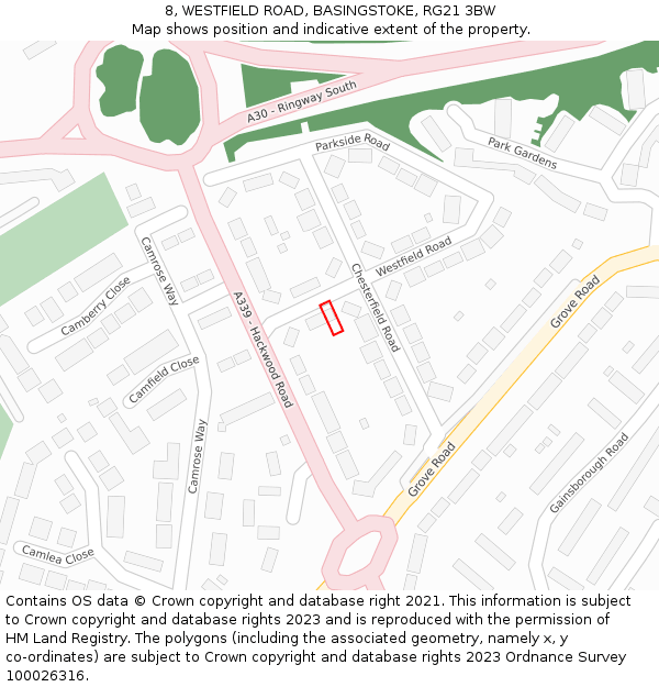 8, WESTFIELD ROAD, BASINGSTOKE, RG21 3BW: Location map and indicative extent of plot