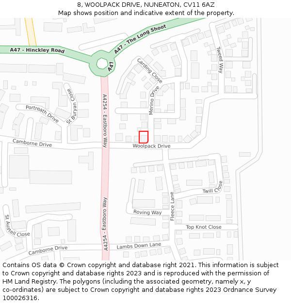 8, WOOLPACK DRIVE, NUNEATON, CV11 6AZ: Location map and indicative extent of plot