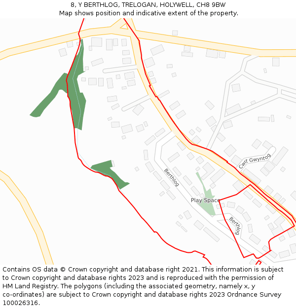 8, Y BERTHLOG, TRELOGAN, HOLYWELL, CH8 9BW: Location map and indicative extent of plot