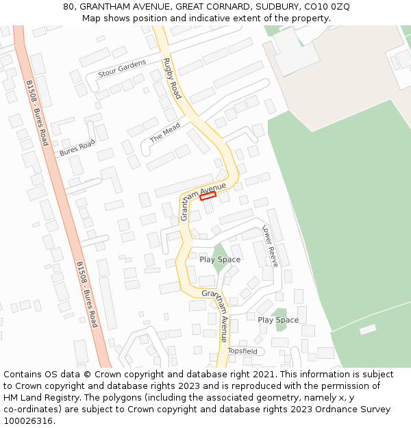 80, GRANTHAM AVENUE, GREAT CORNARD, SUDBURY, CO10 0ZQ: Location map and indicative extent of plot