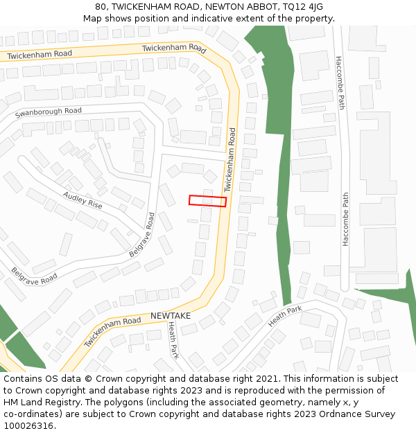80, TWICKENHAM ROAD, NEWTON ABBOT, TQ12 4JG: Location map and indicative extent of plot