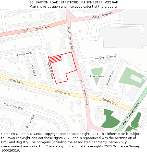 81, BARTON ROAD, STRETFORD, MANCHESTER, M32 9AF: Location map and indicative extent of plot