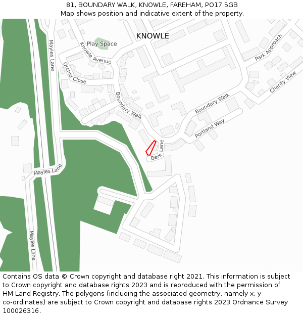 81, BOUNDARY WALK, KNOWLE, FAREHAM, PO17 5GB: Location map and indicative extent of plot
