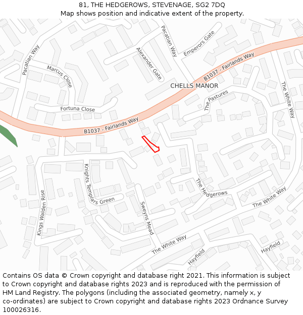 81, THE HEDGEROWS, STEVENAGE, SG2 7DQ: Location map and indicative extent of plot